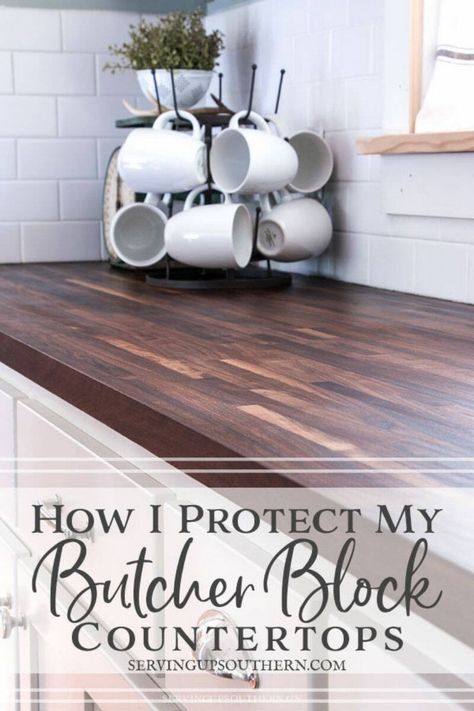 This is How I Protect My Butcher Block Countertops. It's a super easy method that has worked beautifully for over three years now. #kitchencountertops #diycountertops #countertopswithwhitecabinets  #butcherblockcountertops #affordablecountertops #farmhousecountertops #servingupsouthern #butcherblockcounters #butcherblock #countertops White Cabinets Butcher Block Countertops Black Appliances, Butcher Block Countertops Bathroom, Affordable Countertop Ideas, Butcher Block Bathroom Counter, Wood Kitchen Countertops, Butcherblock Countertops, Butcher Block Countertops Kitchen, Kitchen Butcher Block, Kitchen Countertop Ideas