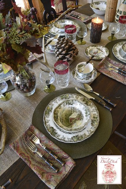 Tablescape by Nancy's Daily Dish Friendly Village Dishes, Johnson Bros Friendly Village, Johnson Brothers Friendly Village, Transferware Dishes, Cottage Journal, Vibeke Design, Tafel Decor, Brown Transferware, Winter Table