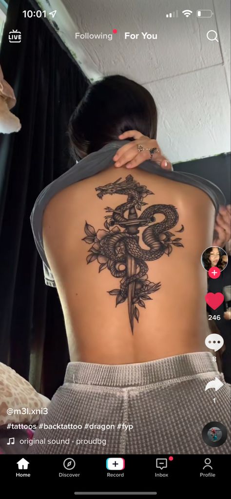 Baddie Spine Tattoo Dragon, Unique Back Tattoos Women Dragon, Dragon Tattoo Down Spine, Back Tattoo Women Spine Unique Dragon, Dragon Tattoo Spine Women, Dragon On Spine Tattoo, Back Tattoo Women Baddie, Women Dragon Back Tattoo, Floral Upper Back Tattoo Women