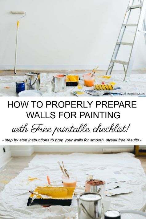 How to PROPERLY prepare walls for painting with FREE Printable painting checklist! Includes step by step instructions for smooth, streak-free painted walls! #diy #tutorial #paint #walls #howto #printable #freestuff #homeimprovement #renovation #decor #decorideas Checklist For Painting A Room, How To Prepare Walls For Painting, How To Paint A Room Step By Step, Supplies For Painting A Room, How To Paint A Room Fast, Steps To Painting A Room, Painting Checklist, Preparing Walls For Painting, Room For Painting