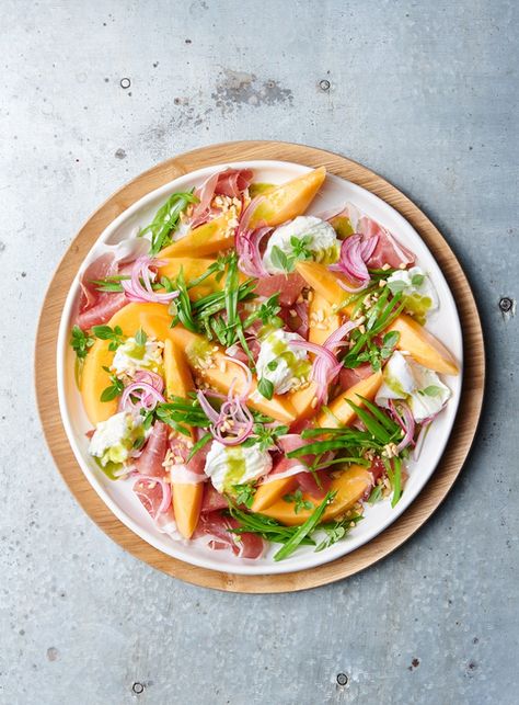 Melon, Mozzarella and Prosciutto Salad | dish - Dish Lettuce Salads, Dish Magazine, Prosciutto Salad, Potatoe Salad, Melon Recipes, Italian Antipasto, 2023 Food, Melon Salad, Spring Dinner