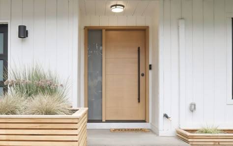 Exterior House Doors Front Entry Modern, Big Wood Front Door, Japandi Front Door Design, Double Front Entry Doors Modern Mid Century, Cedar Entry Door, Exterior Door No Window, Solid Wood Double Front Doors, Wood Modern Front Door, Lowe’s Front Doors