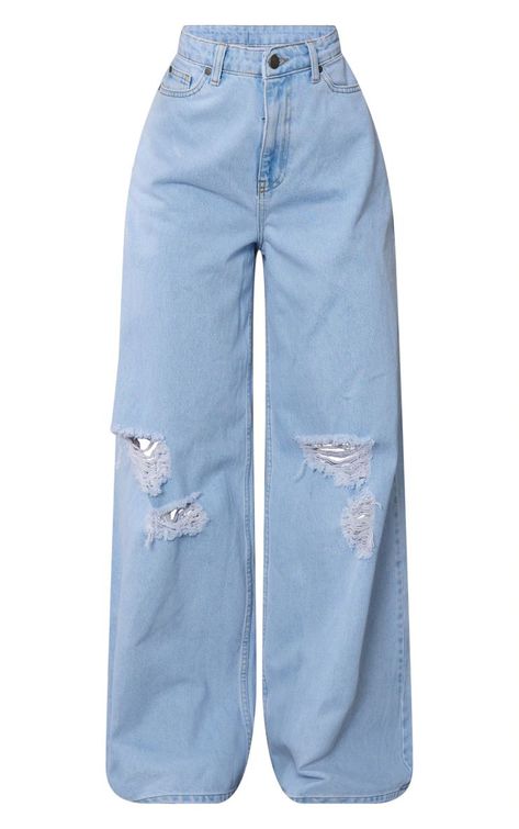 Light Blue Wash Knee Rip Extreme Wide Leg Jeans | PrettyLittleThing US Cute Dress Outfits, Easy Trendy Outfits, Cute Jeans, Simple Trendy Outfits, Cute Everyday Outfits, Really Cute Outfits, Casual Style Outfits, Teen Fashion Outfits, Dream Clothes