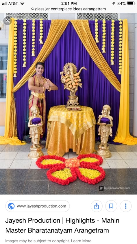 Arangetram Stage Decoration, Arangetram Decoration Ideas, Pooja Background, Arangetram Decor, Diwali Backdrop, Gauri Decoration, Indian Classical Dancer, Ganpati Decor, Ganesh Chaturthi Decoration