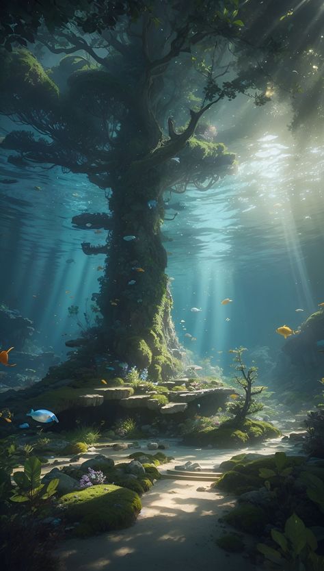 Underwater Forest Art, Water Magic Fantasy Art, Underwater Kingdom Fantasy Art, Dream World Aesthetic, Fantasy World Forest, Underwater Library, Fantasy World Landscapes, Ocean Fantasy Art, Underwater World Art