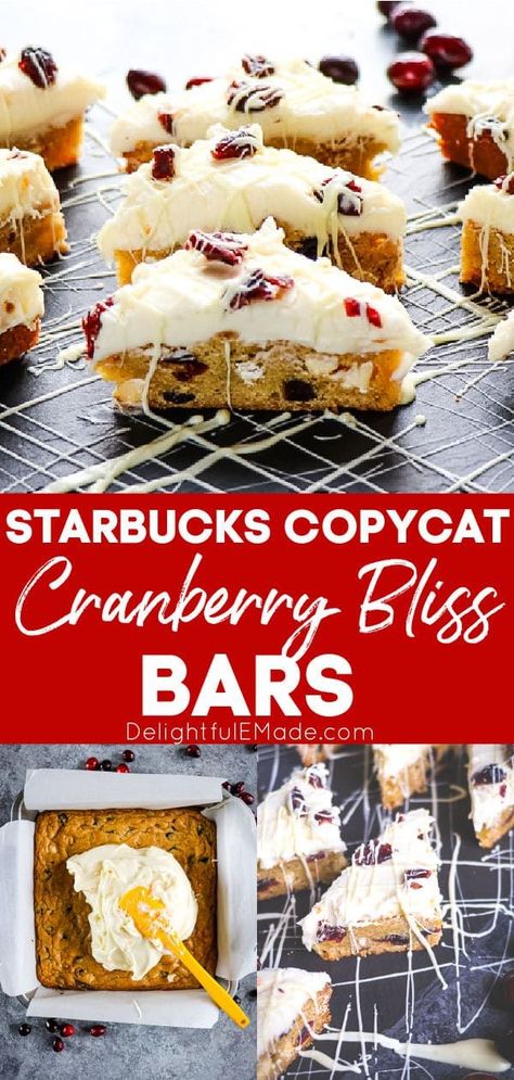 If you love Starbucks Cranberry Bliss Bars, I can do you one better! This Copycat Cranberry Bliss Bars recipe is just like the one Starbucks serves during the holidays. It’s loaded with cranberries, white chocolate, orange zest and topped with a thick, delicious layer of cream cheese frosting. Perfect for your holiday parties and cookie exchanges! || Delightful E Made Christmas Bars Recipes Holidays, Copycat Cranberry Bliss Bars, Bliss Bars Starbucks, Bliss Bars Recipe, Starbucks Cranberry Bliss Bars, Starbucks Cranberry Bliss, Cranberry Bliss Bars Recipe, Cranberry Treats, Cranberry Bliss Bars Starbucks