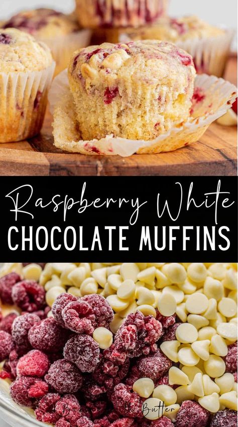 These delicious raspberry white chocolate muffins are fluffy and tender, filled with juicy raspberries and sweet white chocolate chips. These sweet muffins are easy to make and you can use fresh or frozen raspberries. The muffin base is lovely and soft, with creamy white chocolate chips and pops of raspberry. There is melted butter for richness and buttermilk or some acidity. This makes moist muffins with a tender crumb. White Chocolate Raspberry Muffins, Raspberry And White Chocolate Cupcakes, Raspberry White Chocolate Muffins, Chocolate Raspberry Muffins, Raspberry And White Chocolate Muffins, Raspberry Muffin Recipes, Peach Cobbler Muffins, White Chocolate Muffins, Raspberry And White Chocolate