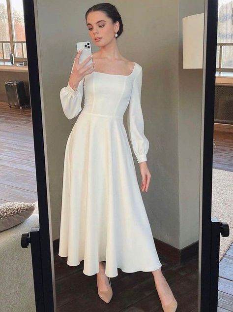 Civil Wedding Dresses Classy, Short Wedding Dress Simple, White Engagement Dress, Simple Engagement Dress, Square Neckline Wedding Dress, White Elegant Dress, White Engagement Dresses, Simple Wedding Dress Short, Neckline Wedding Dress