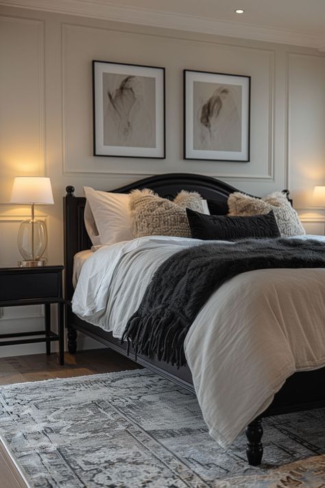 bedroom design, black and neutral bedrooms, bedroom decor, bedroom inspo, neutral bedrooms Black And Sand Bedroom, Natural Bedroom With Black Accents, Dark Gray And Cream Bedroom, Couples Bedroom Ideas Black, Cream Bedroom With Black Furniture, Dark Neutral Bedroom Aesthetic, Beige Bedroom Black Furniture, Neutral And Black Bedroom Decor, Beige Bedroom Black Accents