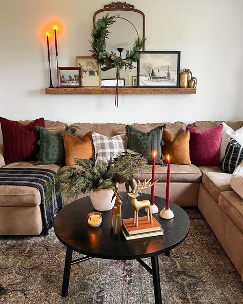 Christmas Transitional Decor, Cozy Xmas Aesthetic, Christmas Living Room Couch, Transitional Holiday Decor, Holiday Tv Stand Decor, Cozy Fall Decor Aesthetic, Minimal Christmas Decor Small Apartment, Cozy Christmas Aesthetic Living Room, Adding Warmth To A Grey Room