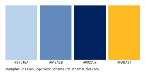 Download Memphis Grizzlies Logo color scheme consisting of #b9d1ea, #618abb, #00235e and #fdba21. This 4 colors palette has been categorised in Brand and Logo, Light, Light Blue and Yellow color categories. Yellow Blue White Color Scheme, Yellow And Navy Color Palette, Yellow And Blue Website Design, Logo Color Palette Branding Blue, Dark Blue And Yellow Color Palette, Navy Blue And Yellow Color Palette, Light Blue Yellow Color Palette, Yellow And Blue Color Scheme, Color Palette Yellow And Blue