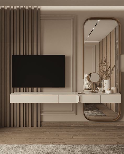 Master Bedroom :: Behance Tv Unit With Mirror Design Modern, Tv Unit With Dressing Mirror, Mirror Beside Tv, Bedroom Tv Unit With Dressing Table, Marble And Wood Wall, Tv Unit With Dressing Table, Tv Bedroom Ideas Wall, Tv Unit In Bedroom, Tv Bedroom Wall