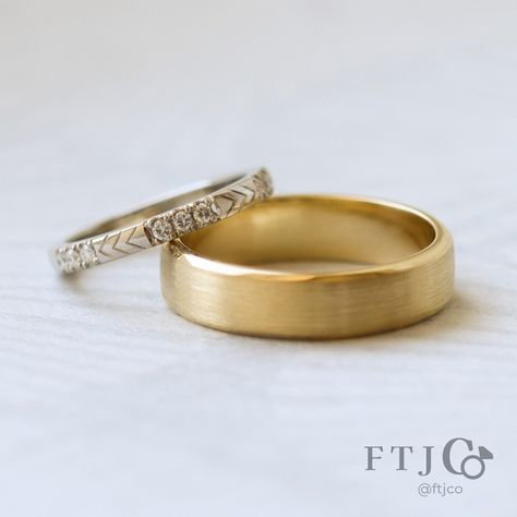 Here's a pair of client wedding bands, in two of our more popular styles... seriously, we've made so many bevelled bands in the past few months! What's cool about this style is that you can customize the texture, choosing satin (pictured here), a 'euro wheel' matte finish, knurling texture, hammered finish, even a faceted-file finish or directional file finish! The contrast of these textures against the shiny polished bevels is so satisfying. Not to be outdone, we also have here a platinum ch... Brushed Gold Ring, Wedding Band Women, Popular Styles, Shop Wedding, Fine Jewellery, Popular Style, Lab Grown Diamonds, Link In Bio, Wedding Bands