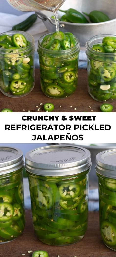 This crunchy and sweet pickled jalapeños recipe whips up fast in just 10 minutes! They go right into your refrigerator without boiling! I don’t know about you but pickled jalapeños are one of my all time favorite things in the world. I used to buy them from the store all the time until I realized how easy it is to make them at home. I’m so excited to share this recipe with you today so you can make these super easy pickled jalapeños from scratch! Sweet Pickled Jalapenos, Pickled Jalapenos Recipe, Sweet Refrigerator Pickles, Pickled Jalapeno Recipe, Pickled Jalapenos, Canning Vegetables, Jalapeno Recipes, Canning Tips, Refrigerator Pickles