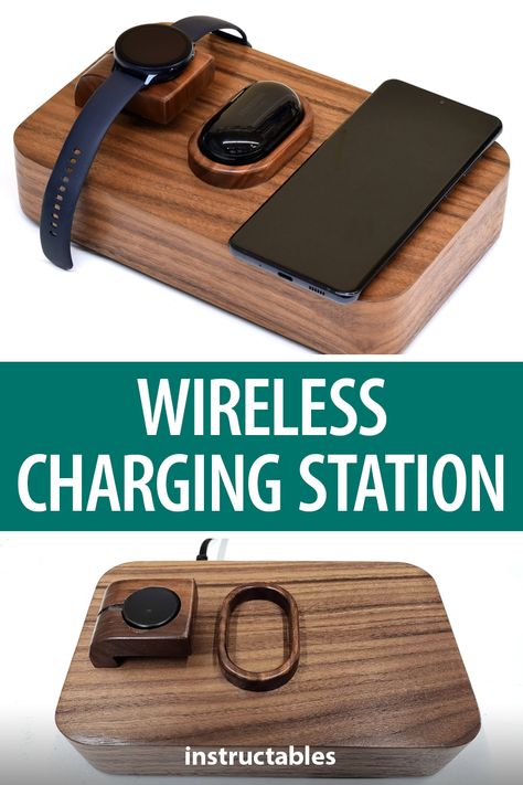 This wireless charging station can be customized to hold and charge your handheld devices. #Instructables #woodworking #workshop #woodshop #electronics #technology #dock #phone Wood Phone Charging Station, Apple Charging Station Diy, Diy Wood Charging Station, Phone Watch Charging Station, 3 In 1 Charging Station, Diy Wireless Charging Station, Charging Station Ideas Diy, Phone Charging Station Ideas, Wood Docking Station Diy