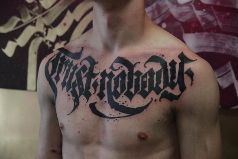 Trust No One Tattoo, Tattoo Calligraphy, One Tattoo, Tattoo Chest, Calligraphy Tattoo, Tattoo Lettering Fonts, Trust No One, Tattoo Lettering, Chest Tattoo