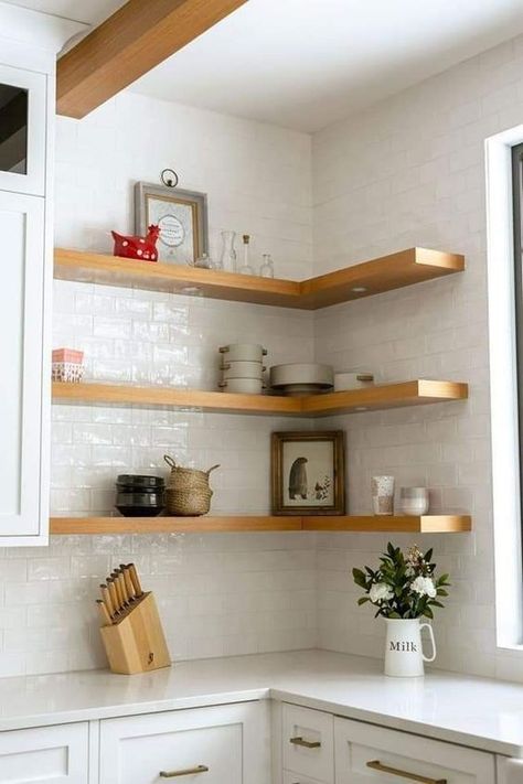 Functional Open Shelves Kitchen, Corner Shelves Kitchen, Small Kitchen Shelf, Open Kitchen Shelves, Diy Wall Shelves, Kitchen Corner, Kitchen Room Design, Decor Minimalist, Kitchen Cabinet Design