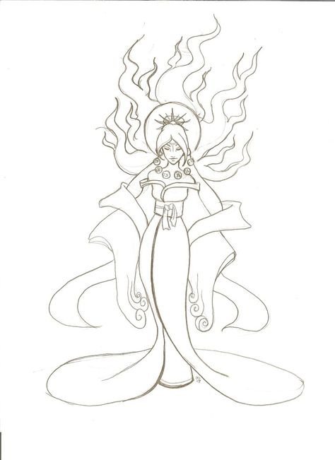 Amaterasu, Shinto goddess of the sun Amaterasu Tattoo Goddesses, Goddess Sketch Drawing, Sun Goddess Drawing, Moon Goddess Drawing, Goddess Drawing Reference, Goddess Coloring Pages, Amaterasu Goddess, Drawing Goddess, Mermay 2024