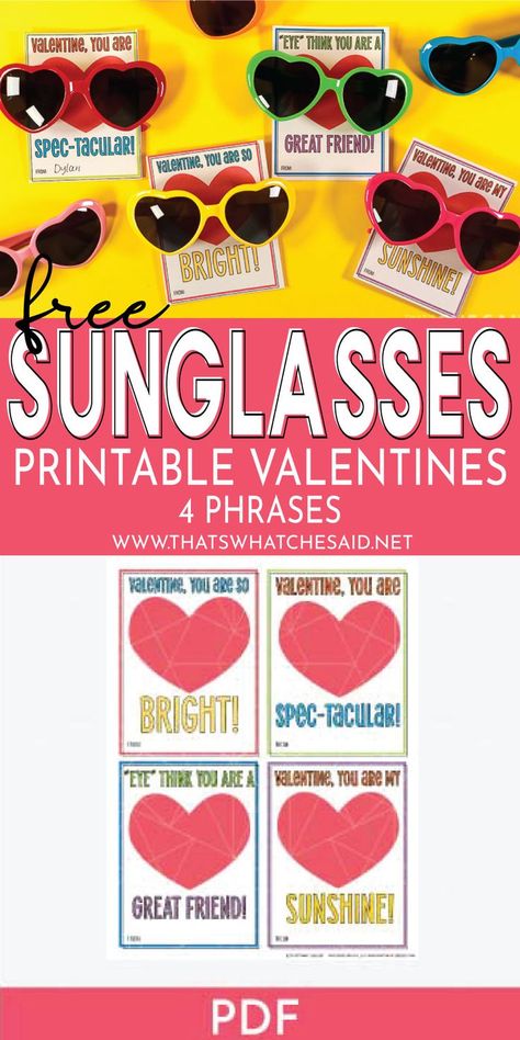 This fun and free sunglasses printable valentine comes with 4 phrases! Cut them out and pair with some cute sunnies and you have the cutest class valentine cards for your child to pass out! #valentinesday #printablevalentine #freeprintable Sunglasses Valentine, Pinterest Live, Valentine Card Printable, Fun Sunglasses, Punny Valentines, Hearts Card, Printable Valentines Day Cards, Valentine Treat, Art Coloring Pages