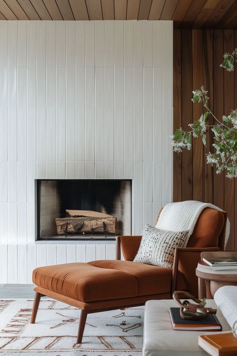 Elevate Your Space with Floor to Ceiling Fireplace Tile Ideas Tile Fireplace Remodel, Floor To Ceiling Tiled Fireplace, Mid Century Tile Fireplace Wall, Fireplace Flooring Transition, Mid Century Tiled Fireplace, Fireplace Mantle Tile, Midcentury Tile Fireplace, Tile Fireplace Wall With Tv, Vertical Tile Fireplace