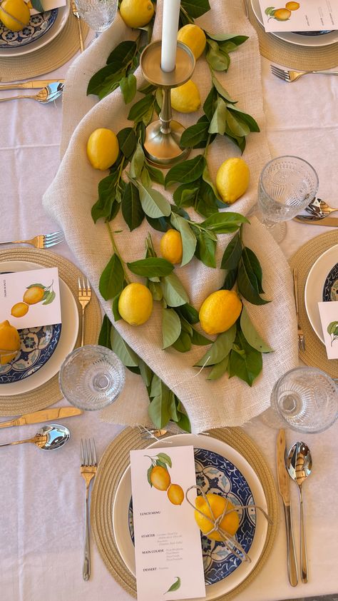 Positano Theme Table Setting, Italian Coast Dinner Party, Capri Table Setting, Italian Capri Style Party Ideas, Lemon Positano Theme, European Inspired Patio, Bridal Shower Positano Theme, Positano Tablescape, Positano Bridal Shower Ideas