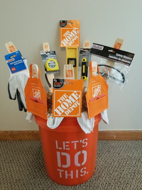 Home Depot gift card idea Gift Card Themed Basket, Home Depot Basket Gift, Tool Raffle Basket Ideas, Guys Raffle Basket Ideas, Stag Raffle Baskets, Housewarming Gift Card Ideas, House Warming Gift Card Ideas, Inexpensive Silent Auction Gift Basket Ideas, Home Improvement Gift Basket