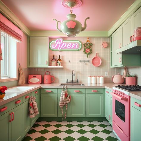 Home Decor Inspiration: Go Bold with These Unique Kitschy Kitchen Inspo!   "Bring the joy of a 1950s kitchen to life with eclectic kitchen design and quirky kitchen decor! Dive into kitschy kitchen inspo that mixes retro kitchen colors with playful elements for a standout look. Perfect for those who love bold kitchen inspiration, this 50s kitchen style is packed with personality and charm. Maximalist Small Kitchen, Pink And Red Kitchen, Aesthetic Cabinets, Dopamine Kitchen, Retro Kitchen Colors, Colourful Kitchen Ideas, Pink Kitchen Aesthetic, Colorful Eclectic Kitchen, Retro Chic Decor