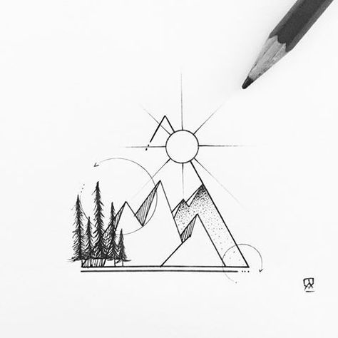 Mountain Tattoos, Marshmello Wallpapers, Mountain Tattoo Simple, Mountains And Trees, Kunst Tattoos, Muster Tattoos, Landscape Tattoo, Mountain Drawing, Geometric Mountain