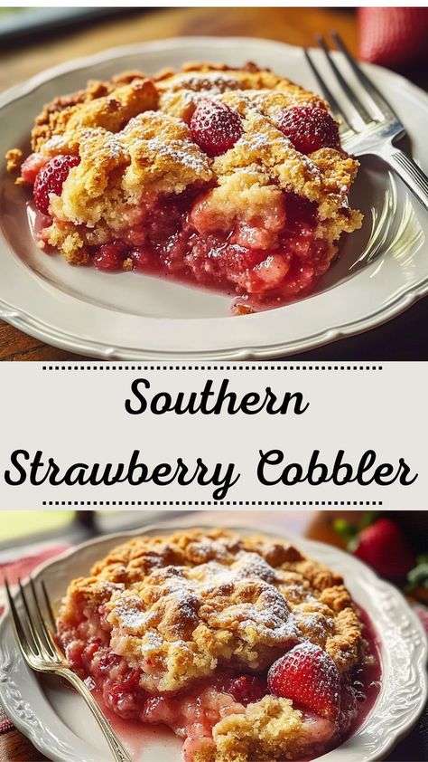 Looking for a healthy winter dessert idea for your Friendsgiving? This Easy Southern Strawberry Cobbler is your go-to! Made with fresh strawberries and a light, sweetened biscuit topping, this cobbler is a perfect winter treat. It’s an easy recipe that works for both winter meals and winter dinners, and it’s healthier than most desserts. Add this sweet and comforting dish to your Friendsgiving food ideas! Easy Dessert Recipes With Fruit, Strawberry Preserves Desserts, Christmas Cobbler Recipes, Frozen Strawberries Dessert, Cobblers Recipes Easy, Easy Fruity Desserts, Healthy Winter Desserts, Zombie Valentine, Strawberry Cobbler Recipe