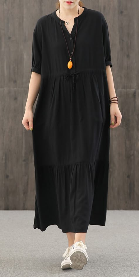 Loose v neck wrinkled quilting dresses Work Outfits black Robe Dresses Black Tunic Dress Outfit, Dress For Big Size Woman, Loose Dress Pants, Fall Long Dress, Plus Size Long Dress, Long Dress Long Sleeve, Dress Work Outfit, Dresses Materials, Plus Size Long Dresses