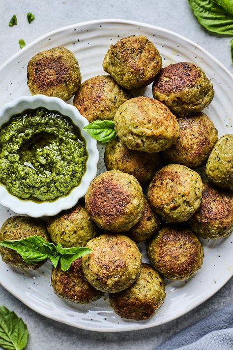 Chicken Pesto Meatballs With Creamy Orzo, Pesto Meatballs And Pasta, Pesto Turkey Meatballs, Cosmic Christmas, Turkey Pesto Meatballs, Pesto Meatballs, Pesto Dishes, Fresh Basil Pesto, Meatball Dinner