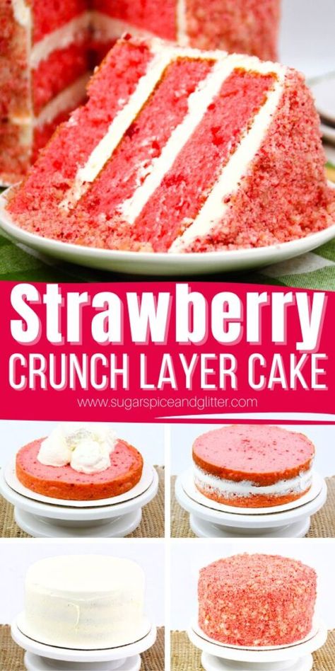 Strawberry Crunch Cake is a decadent Strawberry Layer Cake inspired by the nostalgic flavors of a Good Humour Strawberry Crunch Bar with it's crunchy crumb coating, vanilla frosting and fluffy strawberry cake layers. Strawberry Crunch Layer Cake, Homemade Strawberry Crunch Cake, Strawberry Lemon Crunch Cake, Strawberry Crunch Shortcake, Strawberry Crunch Ice Cream Cake, Strawberry Crunch Pound Cake, Fluffy Strawberry Cake, Strawberry Crunch Cake Recipe, Strawberry Layer Cake