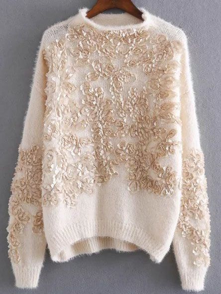 Apricot Flower Detail Drop Shoulder Mohair Sweater | SHEIN Long Pink Sweater, Pull Mohair, Apricot Sweater, Pink Pullover Sweater, Flower Sweater, Embellished Sweaters, Boatneck Sweater, Flower Detail, Mohair Sweater