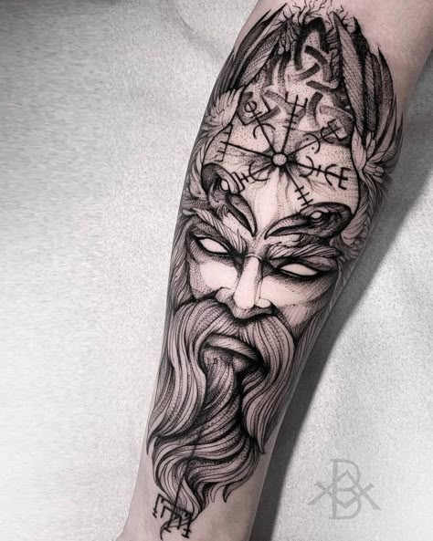 Mjolnir Tattoo, Tattoo Odin, Viking Warrior Tattoos, Greek God Tattoo, Norse Mythology Tattoo, Valkyrie Tattoo, Viking Tattoo Sleeve, Lioness Tattoo, Odin Thor