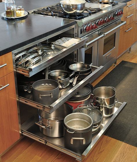 Design, organization, and material ideas from three professionals Awesome Kitchens Dream Homes, Commercial Pantry Design, Commercial Kitchen At Home, Commercial Kitchen In Home, What To Store In Upper Kitchen Cabinets, Home Chef Kitchen Design, Convection Cooktop, Kucht Appliances, Commercial Kitchen Design For Home