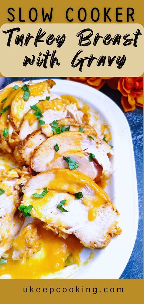 Slow Cooker Turkey Breast with Gravy—turn Thanksgiving dinner into a breeze! This juicy, bone-in turkey breast cooks to tender perfection in the slow cooker, letting you focus on family and friends instead of the oven. Easy, no-fuss recipe that pairs with a rich, homemade gravy—no basting or checking required! Perfect for smaller gatherings or a cozy holiday meal that’s as stress-free as it is delicious. Enjoy the simplicity and taste of a classic Thanksgiving dish with minimal effort. Slow Cooker Recipes Turkey, Roasted Turkey Recipes, Turkey Breast With Gravy, Thanksgiving Turkey Breast, Crockpot Turkey Breast, Rotisserie Turkey, Turkey Breast Crockpot, Butterball Turkey, Thanksgiving Dish