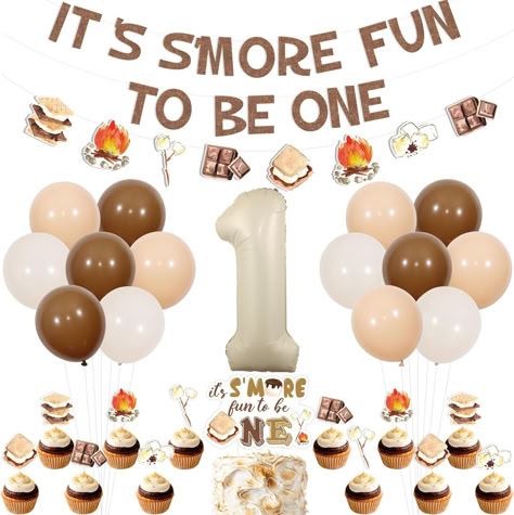 S'more 1st Birthday Party Decorations - It’s S’more Fun to Be One Banner Cake Topper with Smore Themed Birthday Garland Cupcake Toppers for Boy Girl, Bonfire Camping First Bday Party #ad #firstbirthday #firstbirthdaythemes #firstbirthdaypartyideas #firstbirthdaypartysupplies #itssmorefuntobeone #smores #smoresbirthday #smoresparty