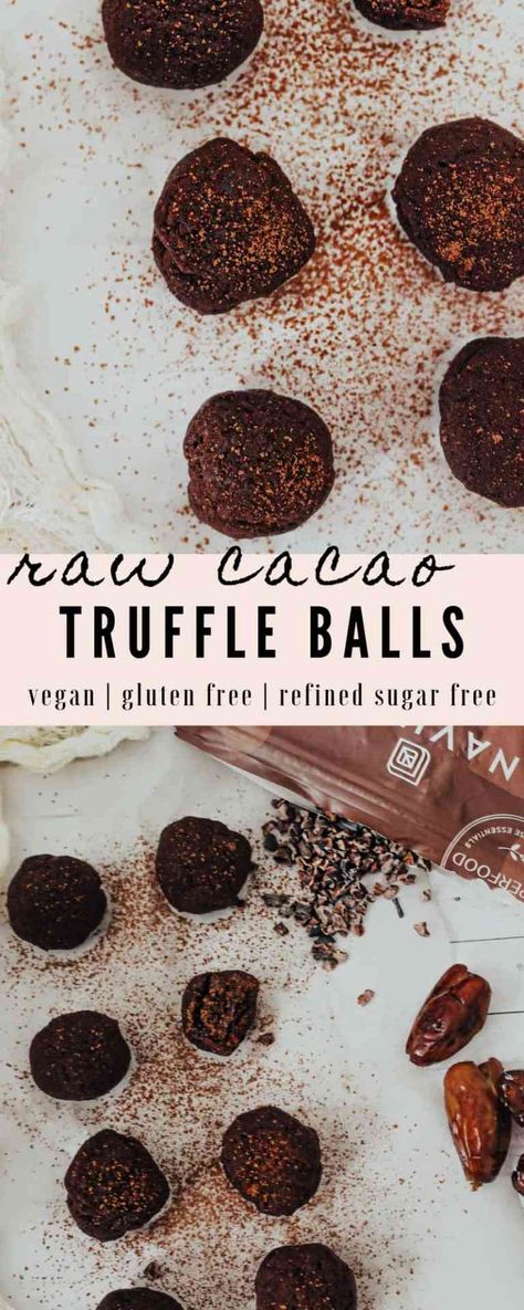 Raw Cacao Maca Truffle Recipe - Vegan & Gluten Free! Cacao Bliss Balls, Easy Gf Dessert, Vegan Bliss Balls, Maca Powder Recipe, Prune Recipes, Healthy Vegan Dessert, Cakes Gluten Free, Vegan Truffles, Cacao Recipes