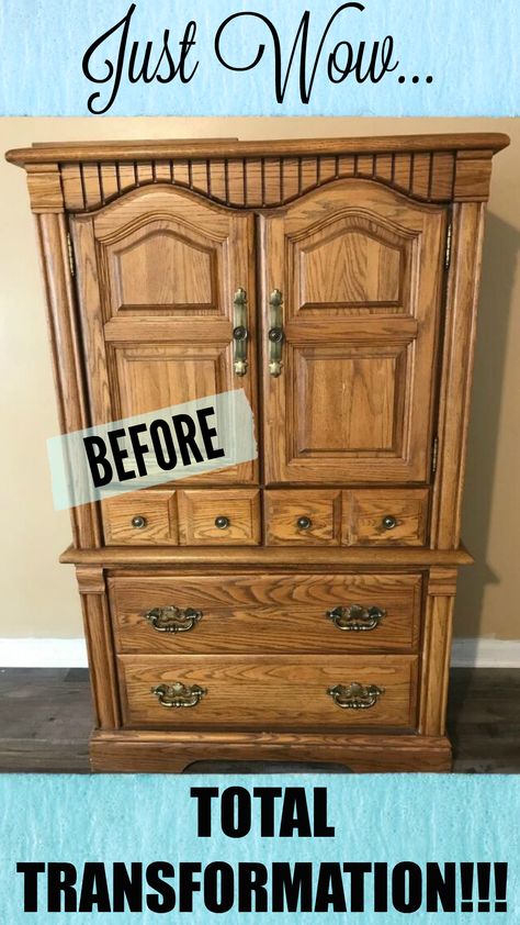 Redone Vintage Furniture, Redoing Old Furniture Before After, Upcycle Oak Furniture, Upcycle Tallboy Dresser, Armoire Repurpose Bedroom, Painting Oak Furniture Before And After, Refurbish Entertainment Center, Oak Armoire Makeover, Armoire Diy Makeover