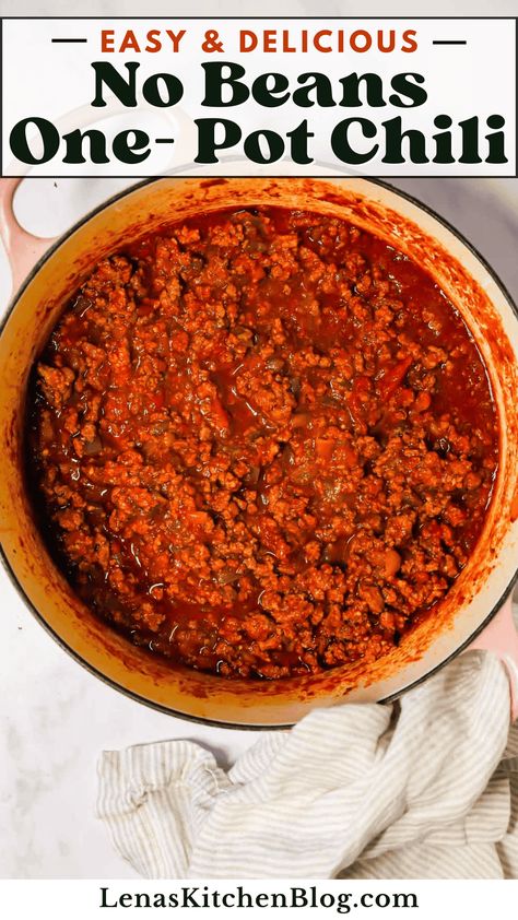 This No Beans Chili is the ultimate low-carb comfort food for chilly evenings! Featuring tender ground beef, smoky spices, and a rich tomato base, it’s bursting with bold flavors (no beans necessary!). Serve it with a dollop of sour cream, shredded cheddar, and crunchy tortilla chips for a cozy meal the whole family will love. No Bean Beef Chili Recipes, Best Chili No Beans, Easy Chili No Beans, Easy No Bean Chili Recipes, Homemade Chili No Beans, All Meat Chili Recipe No Beans, Homemade Chili No Beans Recipe, Beanless Chili Recipe Easy, Beef Chili Recipe No Beans