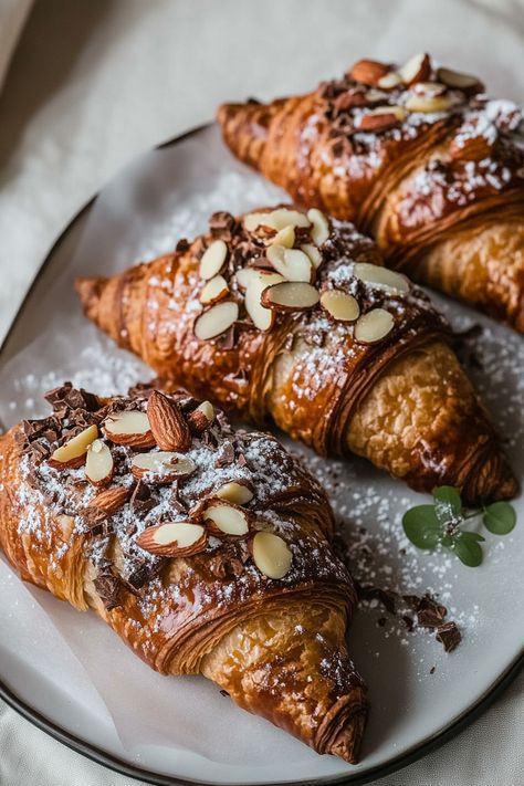 Chocolate Almond Croissants Stuffed Croissants Dessert, Gourmet Croissants, Chocolate Almond Croissant, Croissants Chocolate, Pastries Aesthetic, Pastry Aesthetic, Croissant Aesthetic, Almond Croissants, Almond Croissant