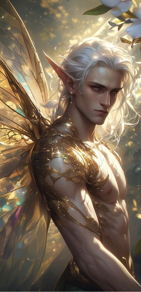 Fairies Male, Fae Soldier, Demon Slayer Oc Base Pose Full Body Male, Fairy Boy Aesthetic, Corellon Larethian, Male Fairy Aesthetic, Eladrin Male, Male Fairy Oc, Dnd Fairy Character