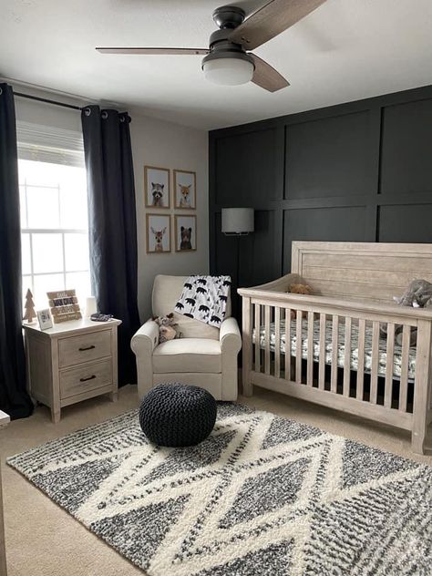 Nursery Dark Accent Wall, Neutral Black Nursery, Black Rug Nursery, Nursery With Black Accent Wall, Black Accent Wall With Black Furniture, Black Theme Nursery, Nursery Room Babyboy, Black White And Natural Wood Nursery, Black And Tan Nursery Ideas