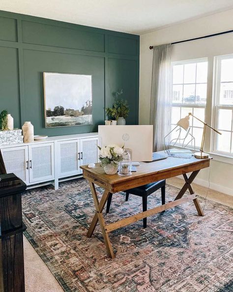 If you’re fortunate to be able to work from home, why not create a beautiful home office. Here are our favorite home offices from Instagram to get you inspired! This home office paint color is Current Mood by Clare. #wfh #homeoffice #paintcolors Transitional Home Office, Office Paint Colors, Home Office Decorating Ideas, Boho Office, Office Remodel, Cozy Home Office, Office Decorating, Office Guest Room, Dream Office