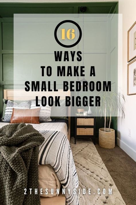 Transform your small bedroom layout with 16 brilliant ideas to create more space! Learn about furniture scale, the best paint color, accent walls, window treatments, wall colors, rugs, using natural light and the magic of mirrors. Discover how to make your room look bigger effortlessly! Bedroom Accent Wall Small Room, Bedroom With Painted Accent Wall, High Rectangle Windows Bedroom, Side Accent Wall Bedroom, Wall Color Small Bedroom, Accent Wall To Make Bedroom Look Bigger, Bedroom Lighting Small Room, Small House Accent Wall, Small Space Masterbedroom