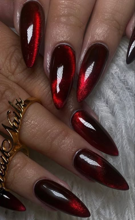 Vampy Nails, Red Chrome Nails, Vampire Nails, Red Cat Eye, Dark Red Nails, Witchy Nails, Velvet Nails, Cute Simple Nails, Goth Nails