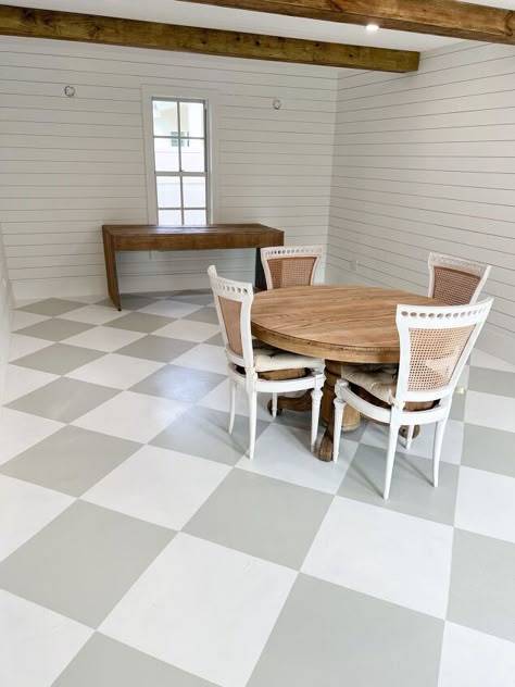 Colorful Concrete Floors, Concrete Floor Office Interior Design, Paint A Concrete Floor, Painted Checkered Concrete Floor, Concrete Floor Mudroom, Painted Concrete Floors Indoor Diy, Painted Concrete Bathroom Floor, Concrete Floor Farmhouse, How To Paint Concrete Floors