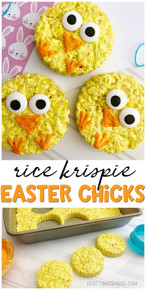 Make some cute rice krispie easter chicks for a Easter treat idea! Kids easter dessert idea. Easy to make and the kids can help. Spring time treat. Spring Snacks, Easy Easter Desserts, Easter Snacks, Spring Treats, Easter Sweets, Easter Desserts Recipes, Easter Baking, Easter Goodies, Spring Desserts