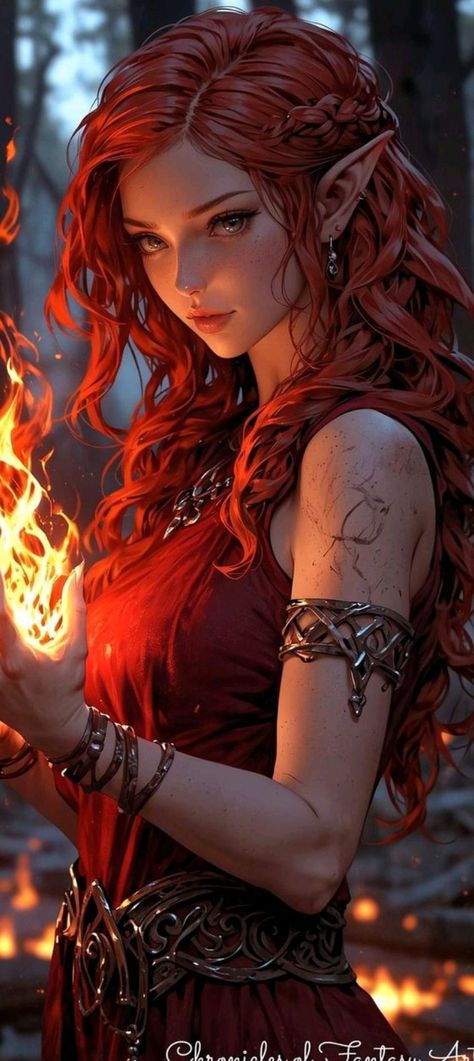 Fire Elf Female, Red Haired Elf Female, Character Design Red Hair, Red Hair Elf Female, Fire Elemental Female, Female Character Inspiration Red Hair, Elf Dnd Female, Female Elf Art, Fire Sorceress