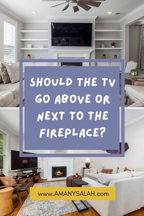 Should the TV go above or next to the fireplace? Pros and Cons of both of them. Tv At Side Of Fireplace, Tv To Right Of Fireplace, Over Fireplace Tv Cabinet, Fireplace With Tv Beside, Tv Nook Next To Fireplace, Living Room Ideas Fireplace And Tv, Tv Right Angle To Fireplace, Fireplace Tv To The Side, Living Room With Tv Next To Fireplace